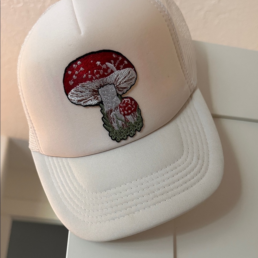White Cap with Red Mushroom Embroidery